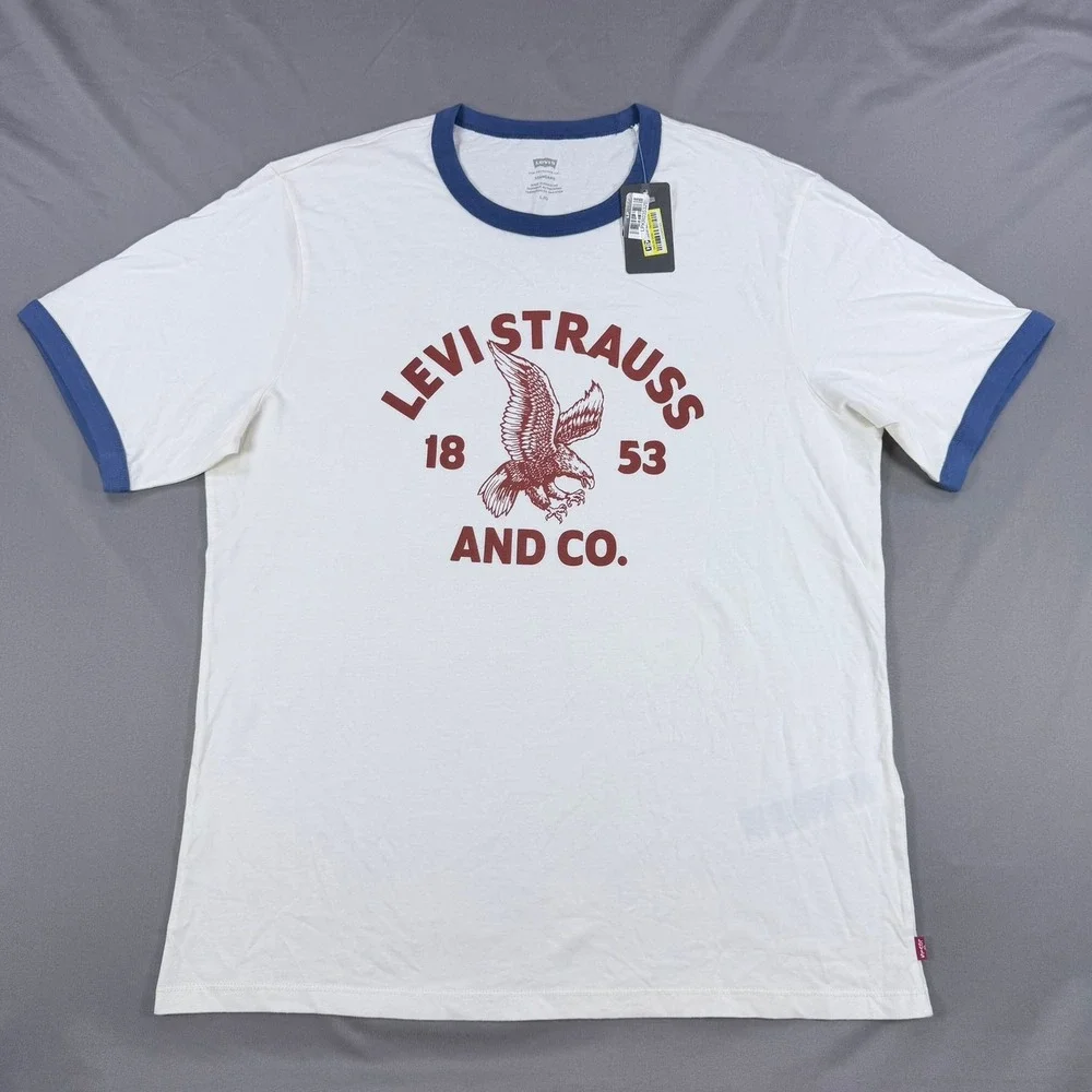 Levi's Mens L White Blue 100% Cotton Ringer T-Shirt Eagle Graphic 1853 Heritage